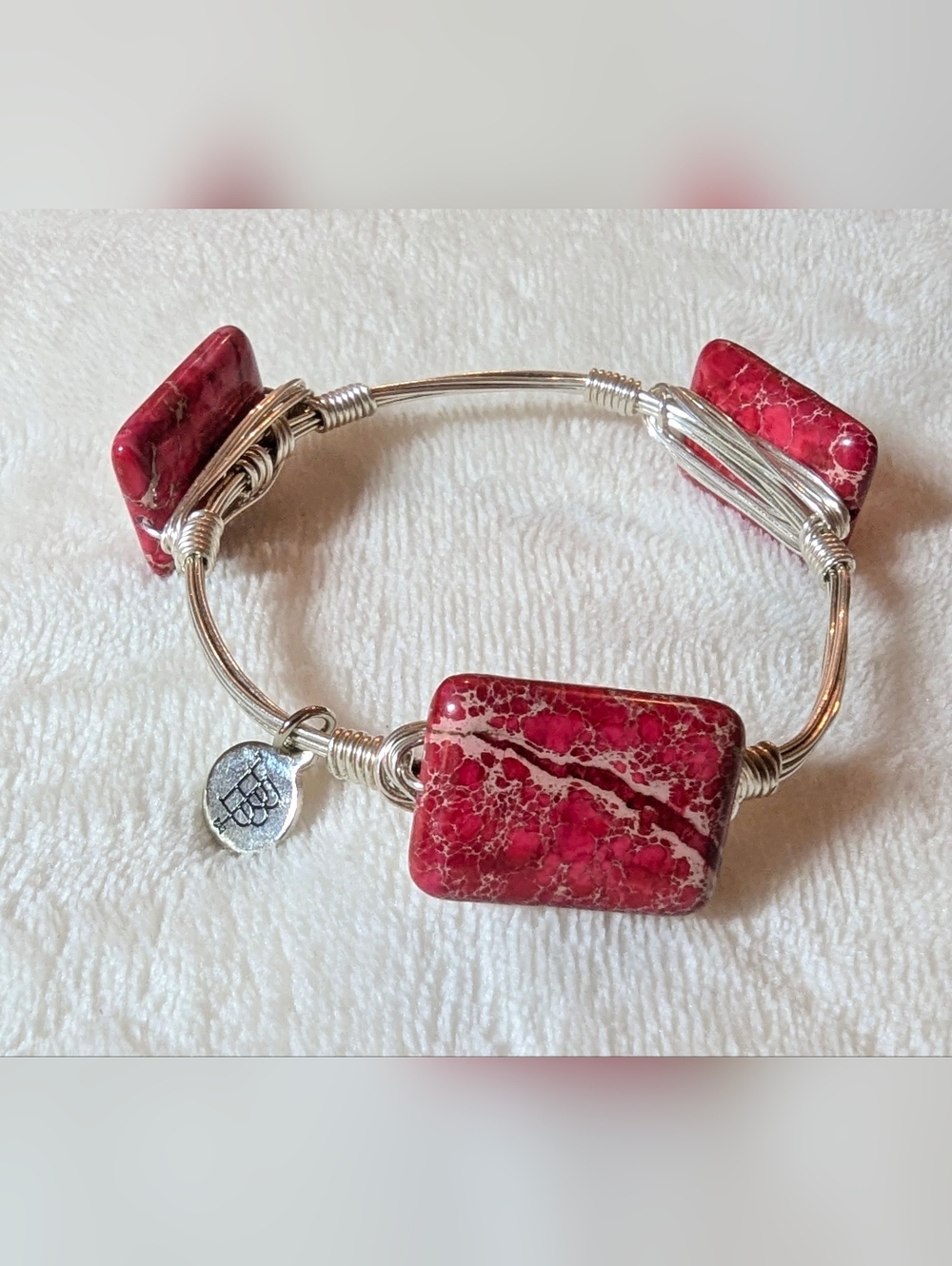 Bourbon and Bowties Pink Imperial Jasper Silver Wire Wrapped Bangle + FREE GIFT